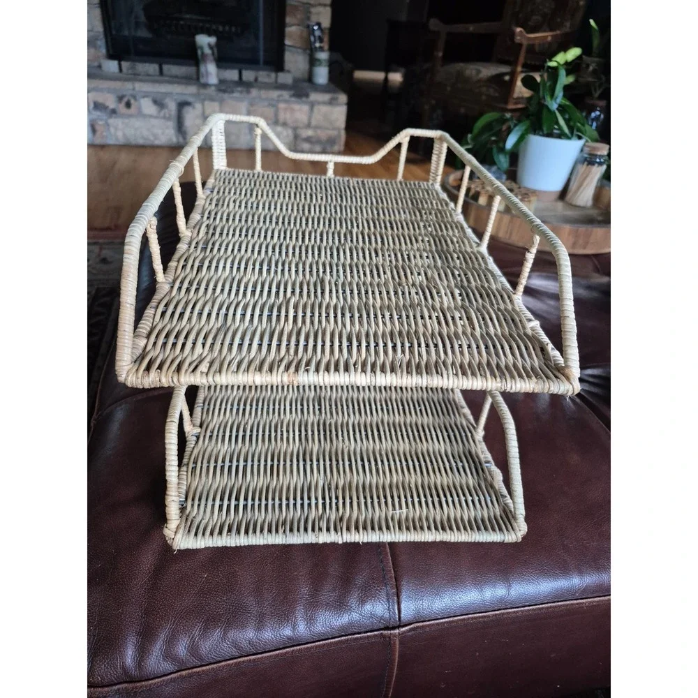 Vintage Wicker Rattan 2 Tier Desk Letter Paper Tray Organizer Boho Office Decor